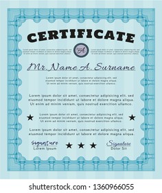 Light blue Sample certificate or diploma. With great quality guilloche pattern. Perfect design. Vector illustration. 