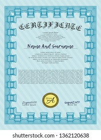 Light blue Sample certificate or diploma. Customizable, Easy to edit and change colors. Complex background. Cordial design. 