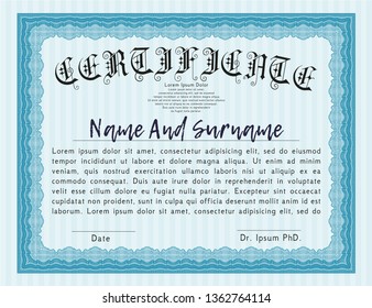 Light blue Sample certificate or diploma. With great quality guilloche pattern. Excellent design. Customizable, Easy to edit and change colors. 