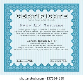 Light blue Sample certificate or diploma. Easy to print. Customizable, Easy to edit and change colors. Lovely design. 