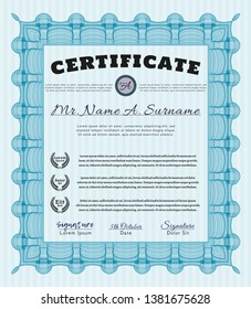 Light blue Sample certificate or diploma. With complex background. Excellent design. Customizable, Easy to edit and change colors. 