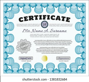 Light blue Sample certificate or diploma. Printer friendly. Vector illustration. Money design. 