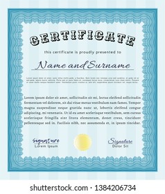 Light blue Sample certificate or diploma. Artistry design. Complex background. Customizable, Easy to edit and change colors. 