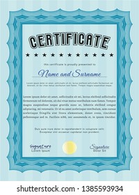 Light blue Sample certificate or diploma. With quality background. Customizable, Easy to edit and change colors. Money style design. 