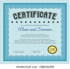 Light blue Sample certificate or diploma. With guilloche pattern and background. Customizable, Easy to edit and change colors. Beauty design. 