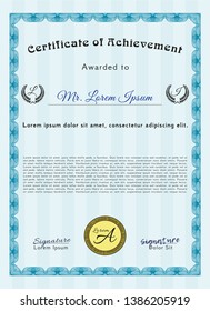 Light blue Sample certificate or diploma. Elegant design. Easy to print. Vector illustration. 