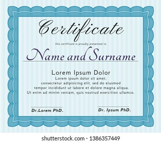 Light blue Sample certificate or diploma. With linear background. Vector illustration. Sophisticated design. 