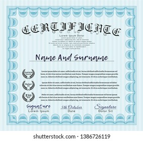 Light blue Sample certificate or diploma. Vector illustration. Complex background. Beauty design. 