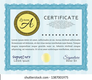 Light blue Sample certificate or diploma. Vector illustration. Easy to print. Nice design. 