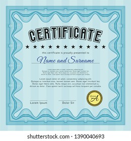 Light blue Sample certificate or diploma. Customizable, Easy to edit and change colors. With complex linear background. Cordial design. 