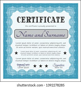 Light blue Sample certificate or diploma. Customizable, Easy to edit and change colors. With guilloche pattern. Elegant design. 