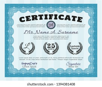 Light blue Sample certificate or diploma. Cordial design. Customizable, Easy to edit and change colors. Easy to print. 