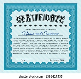 Light blue Sample certificate or diploma. With complex linear background. Detailed. Lovely design. 