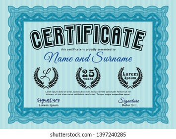 Light blue Sample certificate or diploma. With complex background. Beauty design. Detailed. 