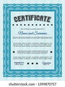 Light blue Sample certificate or diploma. Customizable, Easy to edit and change colors. Complex background. Money Pattern design. 