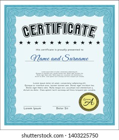 Light blue Sample certificate or diploma. With complex background. Customizable, Easy to edit and change colors. Modern design. 