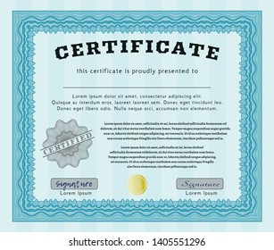 Light blue Sample certificate or diploma. Good design. Complex background. Detailed. 