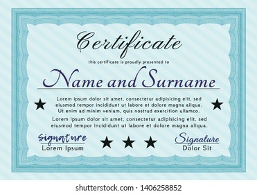 Light blue Sample certificate or diploma. Customizable, Easy to edit and change colors. With linear background. Money design. 