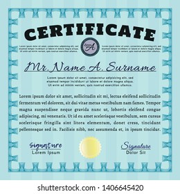 Light blue Sample certificate or diploma. Money style design. Vector illustration. Printer friendly. 