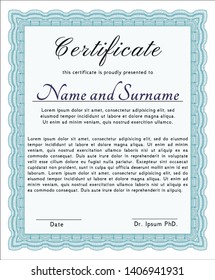 Light blue Sample certificate or diploma. Cordial design. Detailed. With background. 
