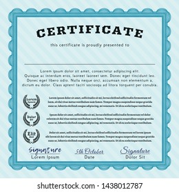 Light blue Sample certificate or diploma. Vector illustration. With guilloche pattern and background. Elegant design. 