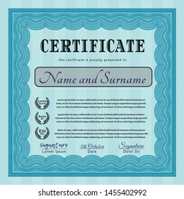 Light blue Sample certificate or diploma. With background. Lovely design. Vector illustration. 