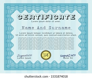 Light blue Sample certificate or diploma. Sophisticated design. With guilloche pattern and background. Detailed. 