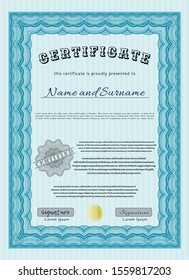 Light blue Sample certificate or diploma. Artistry design. Vector illustration. With great quality guilloche pattern. 