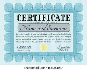 Light blue Sample certificate or diploma. Nice design. Complex background. Customizable, Easy to edit and change colors. 