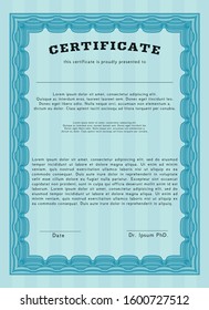 Light blue Sample certificate or diploma. Customizable, Easy to edit and change colors. Complex background. Good design. 