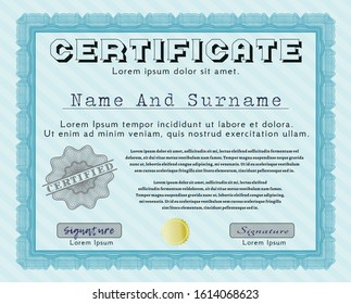 Light blue Sample certificate or diploma. Complex background. Perfect design. Customizable, Easy to edit and change colors. 