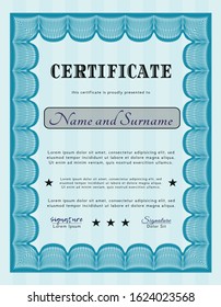 Light blue Sample certificate or diploma. Customizable, Easy to edit and change colors. Complex background. Lovely design. 