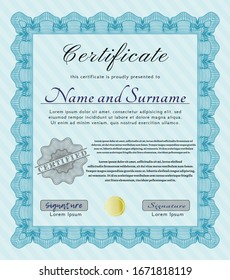 Light blue Sample certificate or diploma. Cordial design. With great quality guilloche pattern. Customizable, Easy to edit and change colors. 