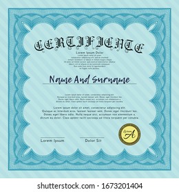 Light blue Sample certificate or diploma. With guilloche pattern. Modern design. Detailed. 