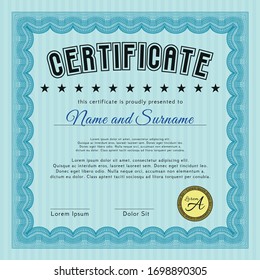 Light blue Sample certificate or diploma. With great quality guilloche pattern. Detailed. Cordial design. 
