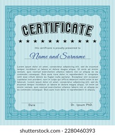 Light blue Sample certificate or diploma.  Lovely design.  With complex linear background.   