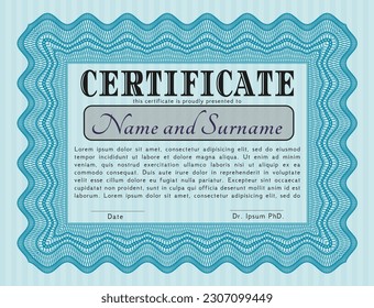 Light blue Sample certificate or diploma.  Beauty design.  With guilloche pattern.  Vector illustration. 