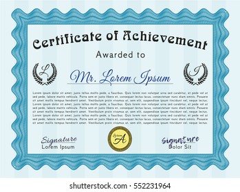 Light blue Sample certificate or diploma. Detailed. With background. Elegant design. 