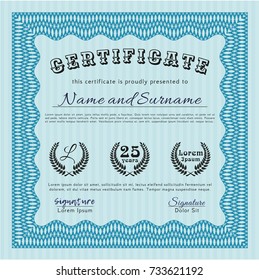 Light blue Sample certificate or diploma. Beauty design. Vector illustration. With guilloche pattern. 