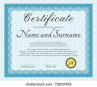 Light blue Sample certificate or diploma. Lovely design. With guilloche pattern and background. Detailed. 