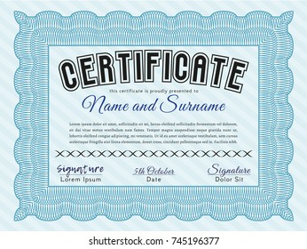 Light blue Sample certificate or diploma. Detailed. Easy to print. Sophisticated design. 