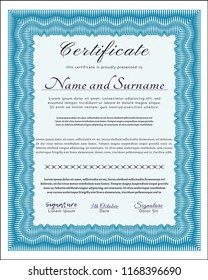 Light blue Sample Certificate. Easy to print. Artistry design. Detailed. 