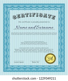 Light blue Sample Certificate. Easy to print. Perfect design. Vector illustration. 