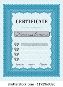 Light blue Sample Certificate. Elegant design. With background. Vector illustration. 