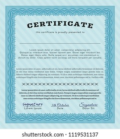 Light blue Sample Certificate. Good design. Printer friendly. Vector illustration. 