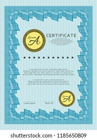 Light blue Sample Certificate. Good design. Easy to print. Vector illustration. 