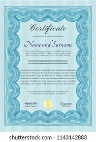 Light blue Sample Certificate. With great quality guilloche pattern. Superior design. Detailed. 