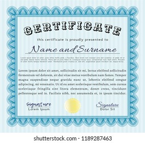 Light blue Sample Certificate. With great quality guilloche pattern. Detailed. Nice design. 