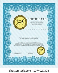  Light blue Sample Certificate. With guilloche pattern and background. Perfect design. Vector illustration. 