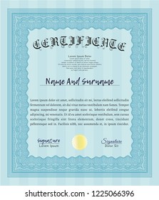 Light blue Sample Certificate. With guilloche pattern. Detailed. Nice design. 